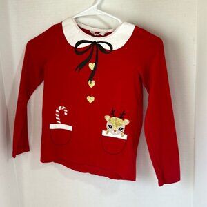 H&M red long sleeve girls Christmas shirt size 6-8 reindeer candy cane glitter